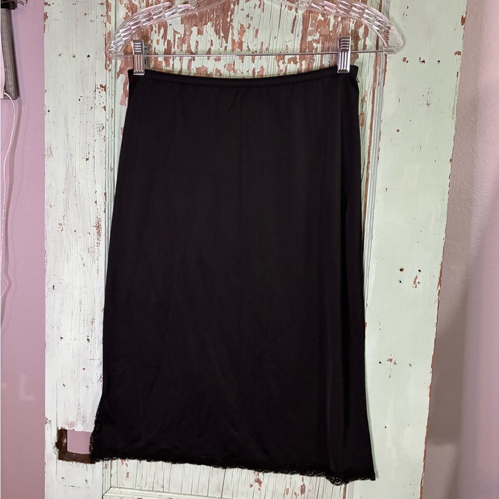 Women’s VTG Kayser sz M black lace trim floral embroidered slip midi skirt - Picture 3 of 7